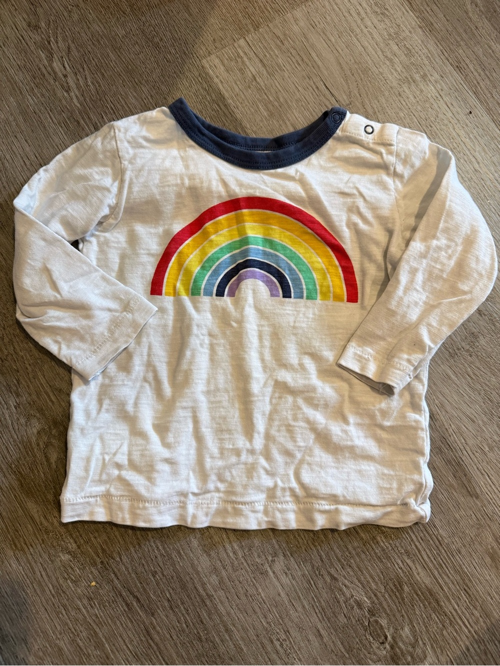 Primary White Long-Sleeve Tee with Rainbow Graphic and Navy Trim